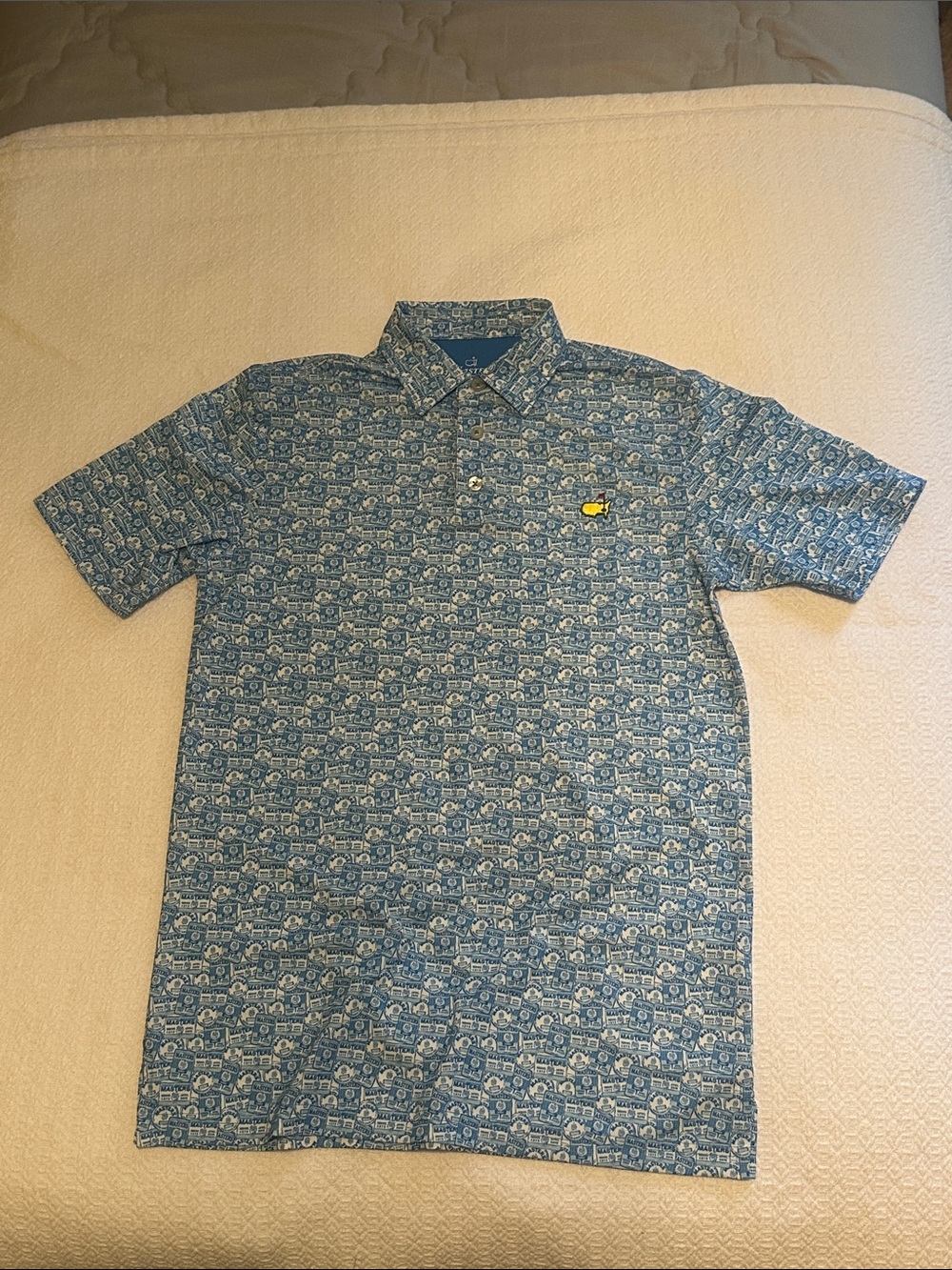 Masters Golf Blue Patterned Short-Sleeve Polo Shirt with Yellow Logo